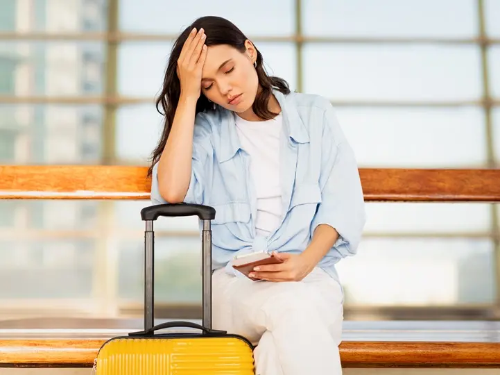 despaired-sad-young-caucasian-lady-with-suitcase-smartphone-ticket-suffers-from-late Utazási hasmenés megelőzése? Így készülhetsz fel! Emésztés 