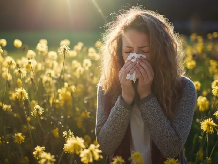 woman-suffering-from-allergy-by-being-exposed-flower-pollen-outside Tippek a tavaszi allergia tüneteinek enyhítésére Szupertápanyagok 