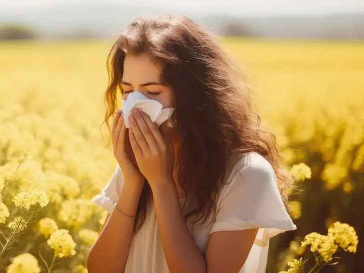 woman-suffering-from-allergy-by-being-exposed-flower-pollen-outside201 Tippek a tavaszi allergia tüneteinek enyhítésére Szupertápanyagok 